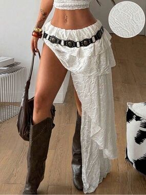 Boho Lace Frill Asymmetrical White Maxi Festival Skirt